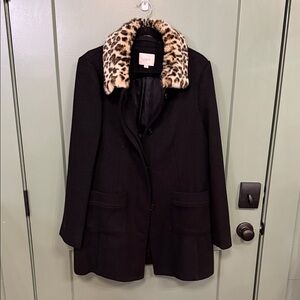 LOFT Black Trench Coat with Faux Leopard Collar